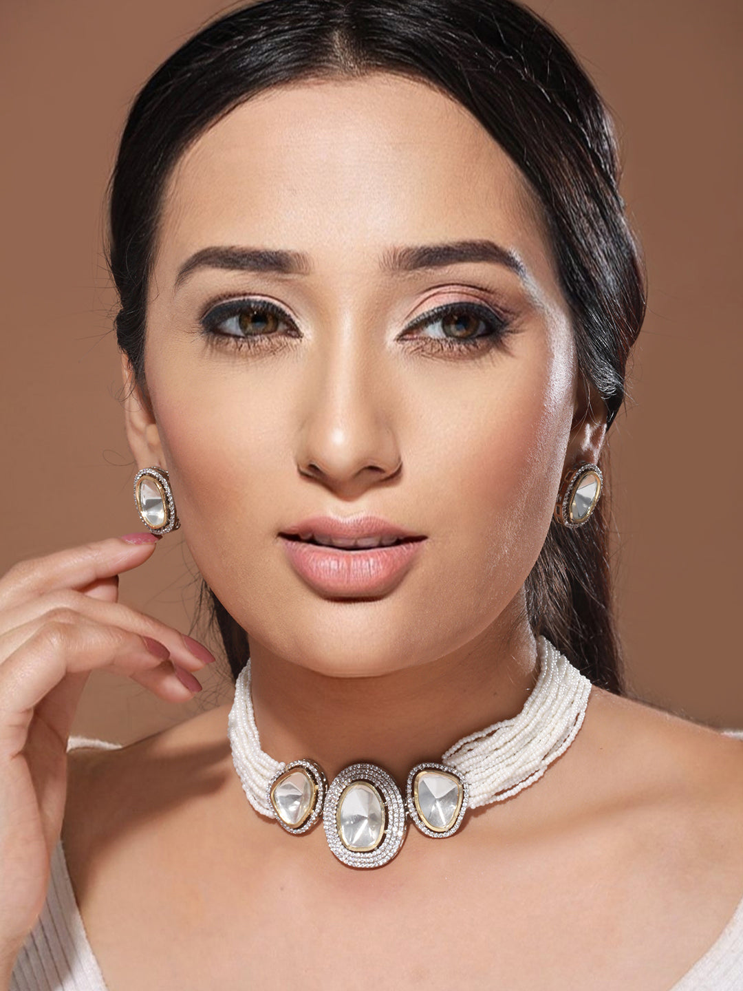 Gold Toned White Moissanite AD Studded Pearl Beaded Statement Choker Jewellery Set, zaveri pearls, sale price rs, sale price, sale gold plated, sale gold, sale, rubans, ring, regular price, p